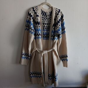 St John's Bay Fair Isle Belted Open Cardigan Chunky Duster XXL Boho